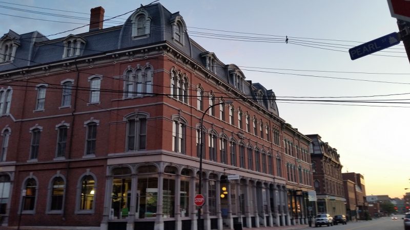 A row of Victorian brick brick buildings in the Old Port District of Portland, Maine.