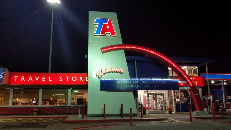 The exterior of the TA Truck Stop in Albuquerque, New Mexico, one of the free places to park for van lifers passing through the Southwest.