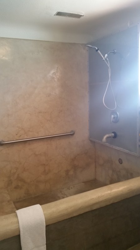A shower from a room in Blackstone Hot Spring Spa Hotel in Truth or Consequences, New Mexico.