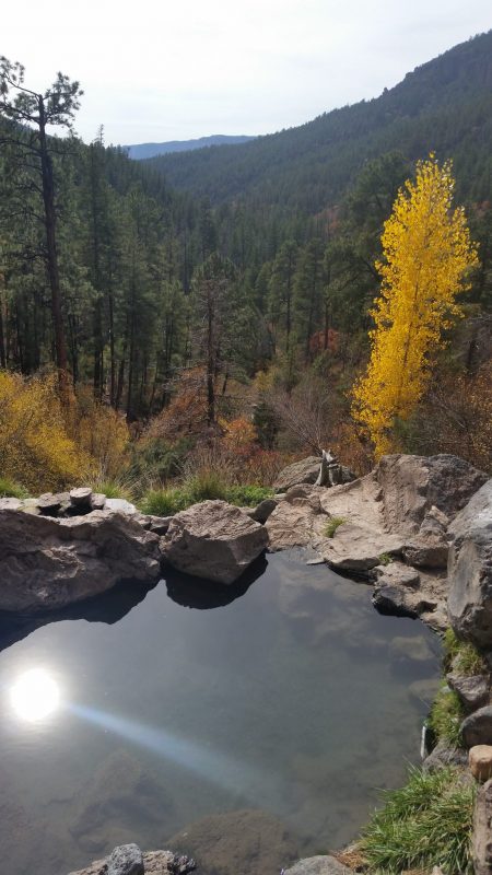 The sun reflecting off a pool of hot spring water at Spence Hot Springs in New Mexico.