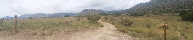 A trail in the foothills of Albuquerque leading to the Sandia Mountains beyond.