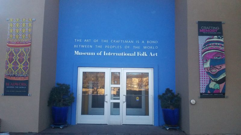 The front entrance of the Museum of International Folk Art in Santa Fe, New Mexico.