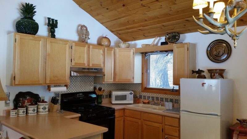 The kitchen of Hummingbird Cabin on the Pecos River in New Mexico.