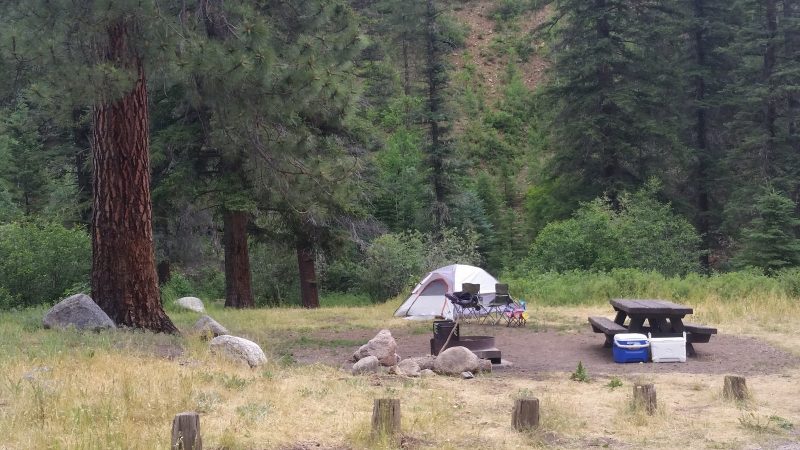 A typical Pecos, NM camping spot with a tent, picnic table and a blue cooler nearby.
