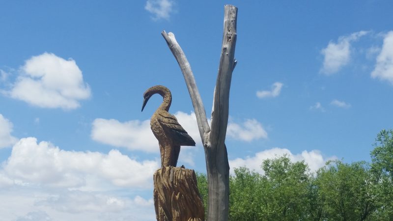 A tree stump carved into a figure of a heron or crane, part of a free outdoor art exhibit in Albuquerque.
