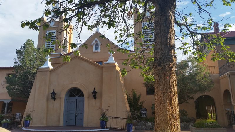 The adobe San Felipe de Neri church in Old Town Albuquerque, New Mexico.