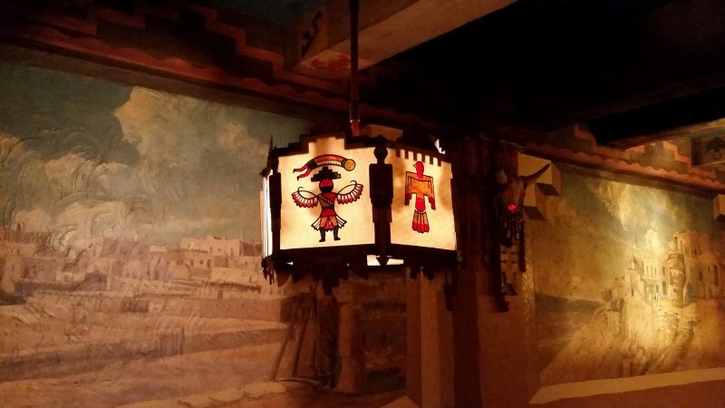 A light fixture in the style of the unique pueblo deco design in the lobby of the Kimo theater in Albuquerque, New Mexico.