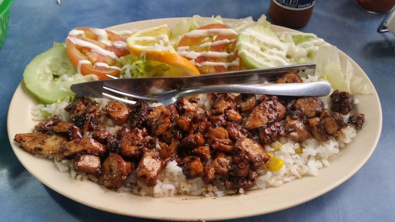 A plate of octopus cooked in a garlic sauce with a salad on a blue table top.