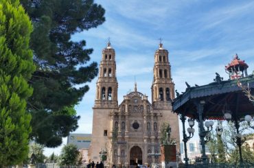 Chihuahua Cathedral with the roof of the wrought iron band stand and a pine tree in the foreground.