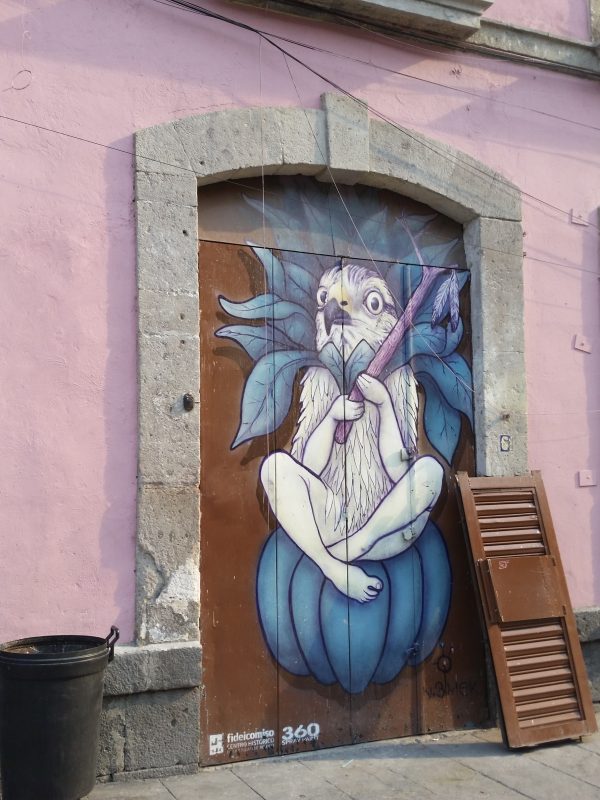 A pink building in Mexico City with a unique bird painted on its door.