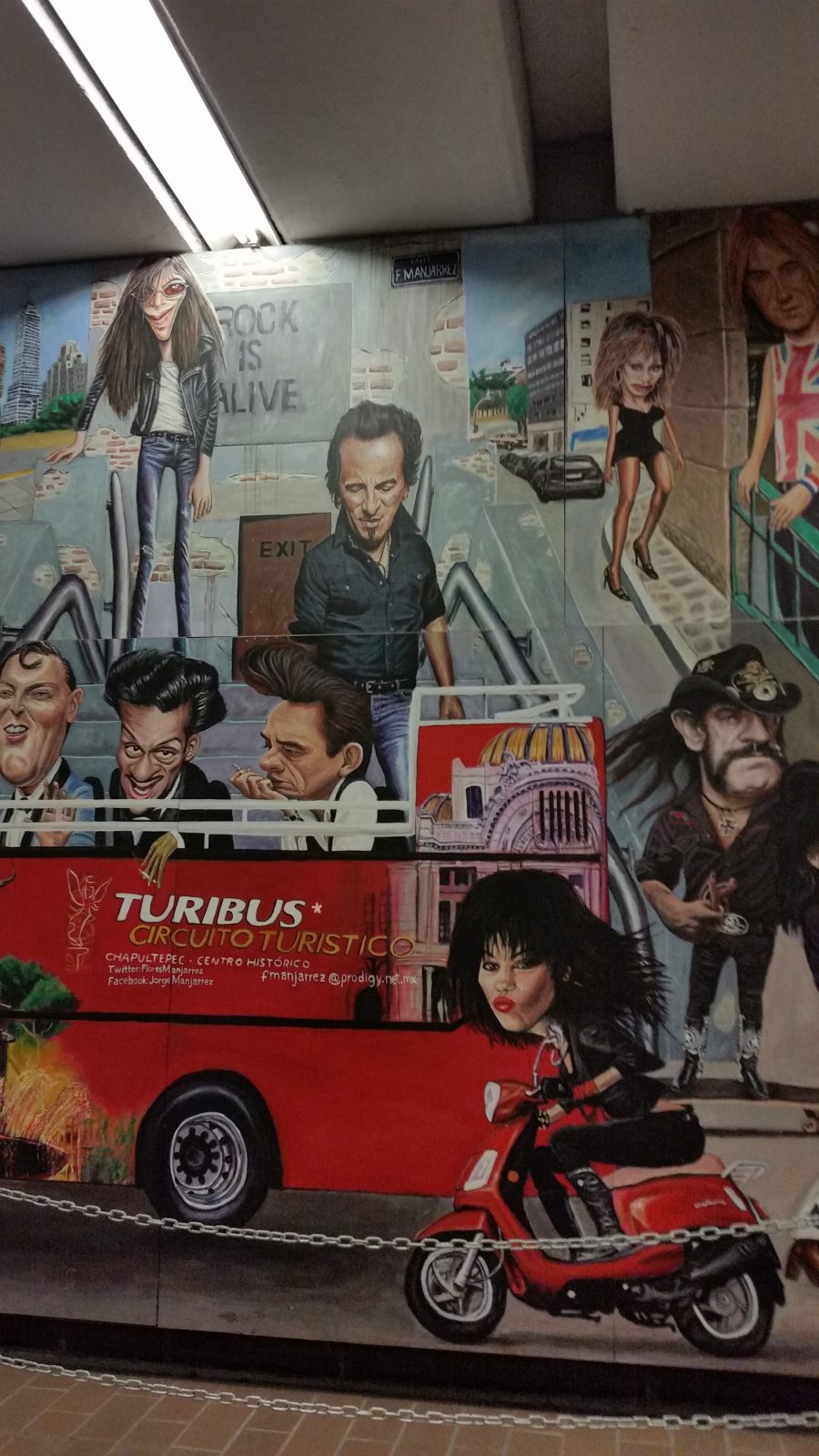 A view of the famous rock 'n roll murals in Auditorio Metro Station in Mexico City painted by artist Jorge Manjarrez showing Bruce Springsteen and Lemy.