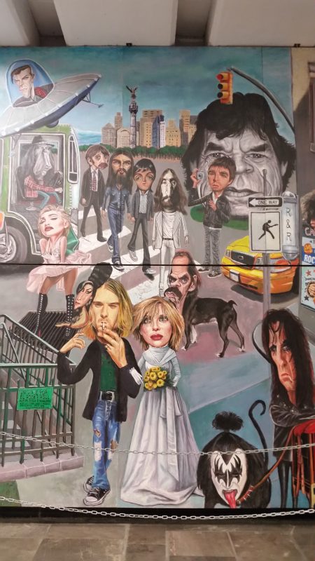 The famous rock 'n roll murals in Auditorio Metro Station in Mexico City painted by artist Jorge Manjarrez featuring a section showing Kurt Cobain and Courtney Love.