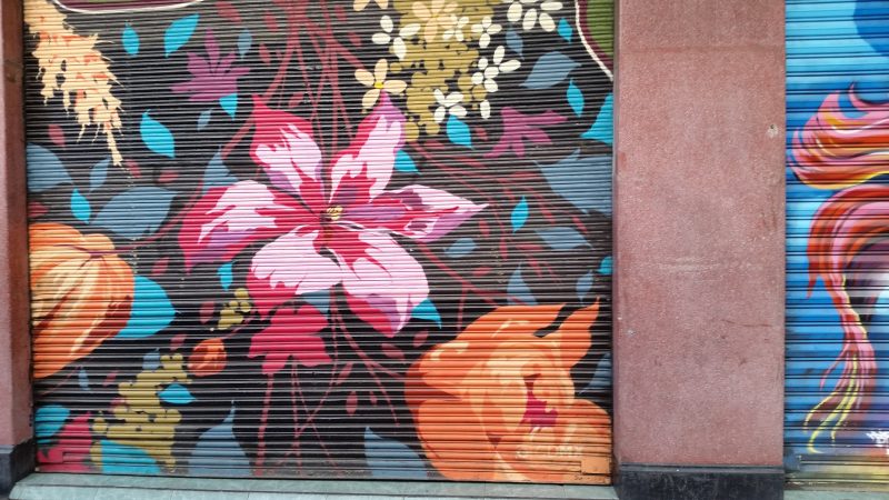 A colorful example of Mexico City's street art depicting a display of flowers.