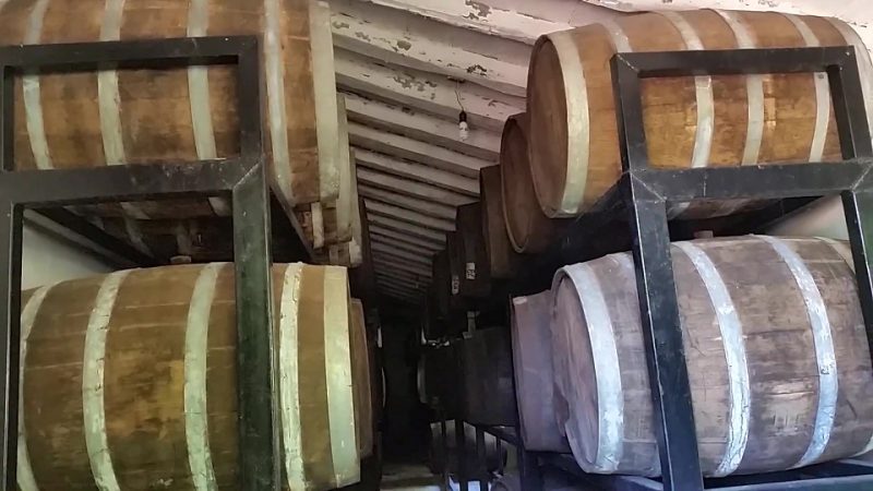 Two rows of wooden barrels used to age tequila at the Los Osuna Distillery near Mazatlan, Mexico.