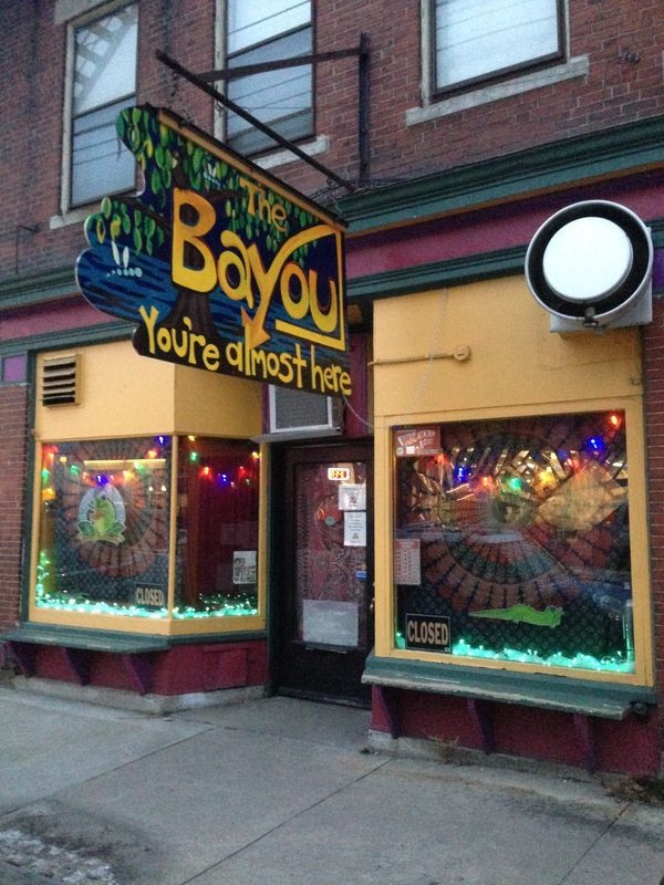 A colorful shopfront of The Bayou Kitchen, a very popular spot for weekend breakfasts in Portland, Maine.