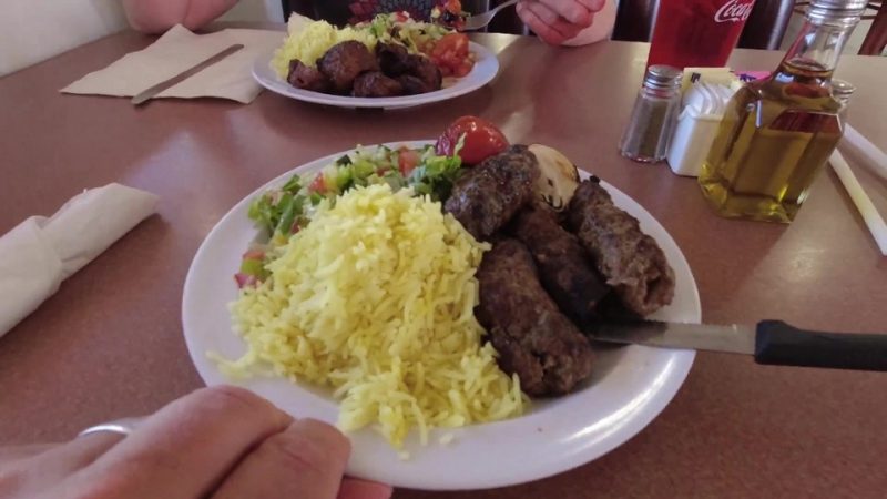 A plate of assorted Middle Eastern foods at a restaurant in Gallup, New Mexico.