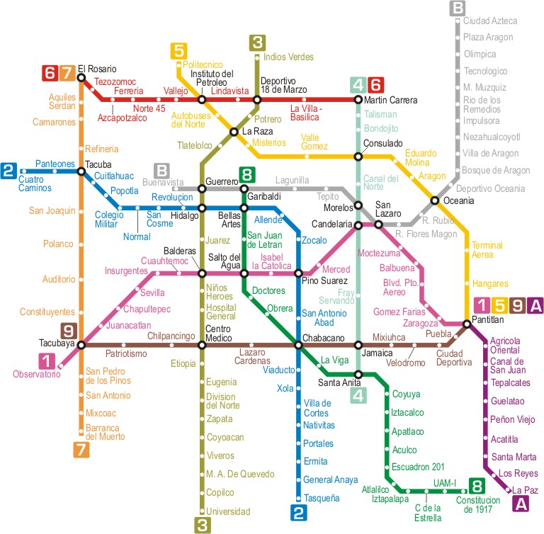 A colorful transit map for the Mexico City Metro.