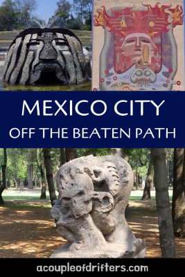 3 stacked photos of sights from Mexico City including Fuente de Tlaloc, a mural from the university and a sculpture from Viveros de Coyoacan.