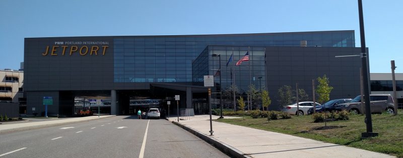 Approaching the Portland International Jetport on a public access road.