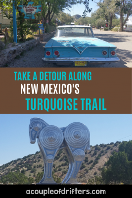 Top image is a vintage blue Thunderbird car and bottom image is a stylised steel horse statue with desert hills in the background.