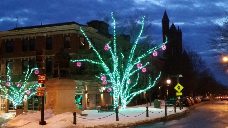 Blue Christmas lights on some trees at Longfellow Square in Portland, Maine.